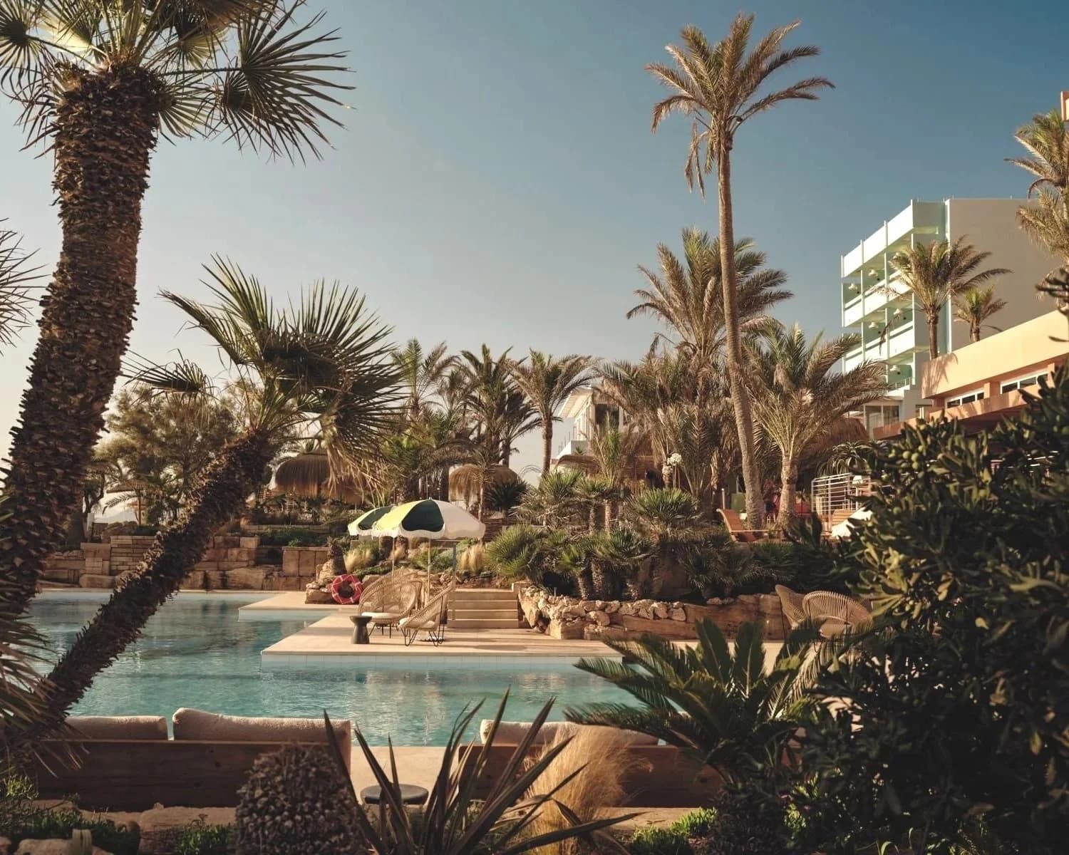 A tropical resort pool area with palm trees, lounge chairs, and a yellow and green umbrella.
